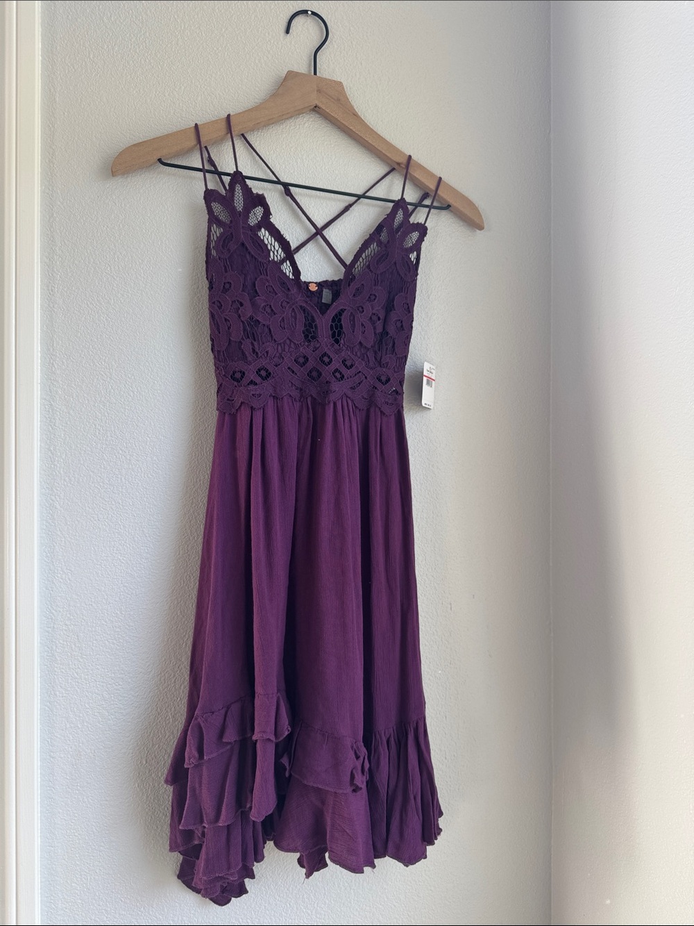 Strappy Lace Bodice Purple Ruffle Hem Dress